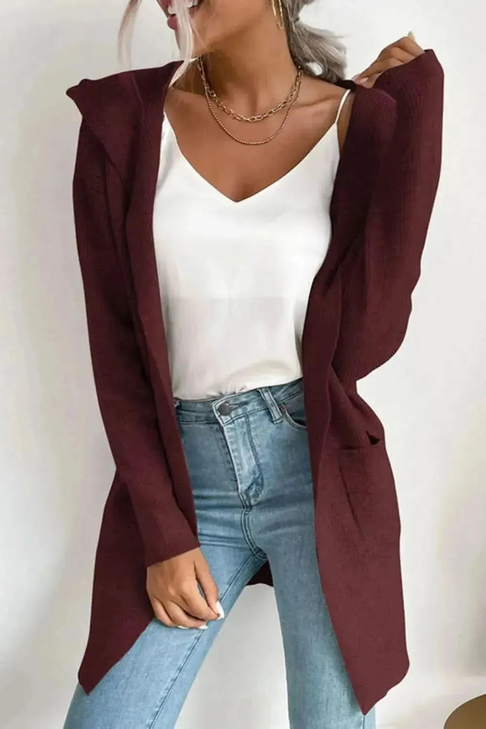 Ribbed Open Front Hooded Cardigan with Pockets - Bad Moms Club
