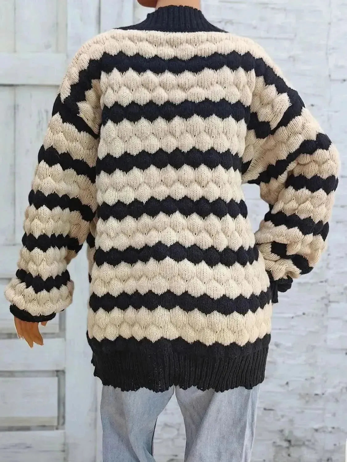 Striped Contrast Open Front Long Sleeve Cardigan - Bad Moms Club