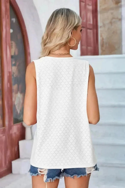 Eyelet Open Front Sleeveless Cardigan - Bad Moms Club