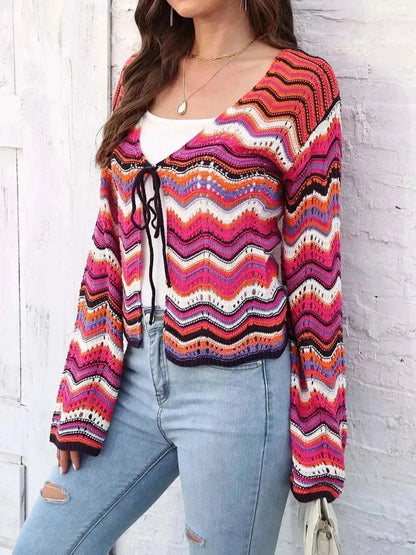 Striped Openwork Tied Cardigan - Bad Moms Club