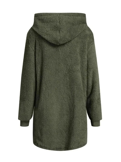 Fuzzy Pocketed Zip Up Long Sleeve Hooded Jacket - Bad Moms Club
