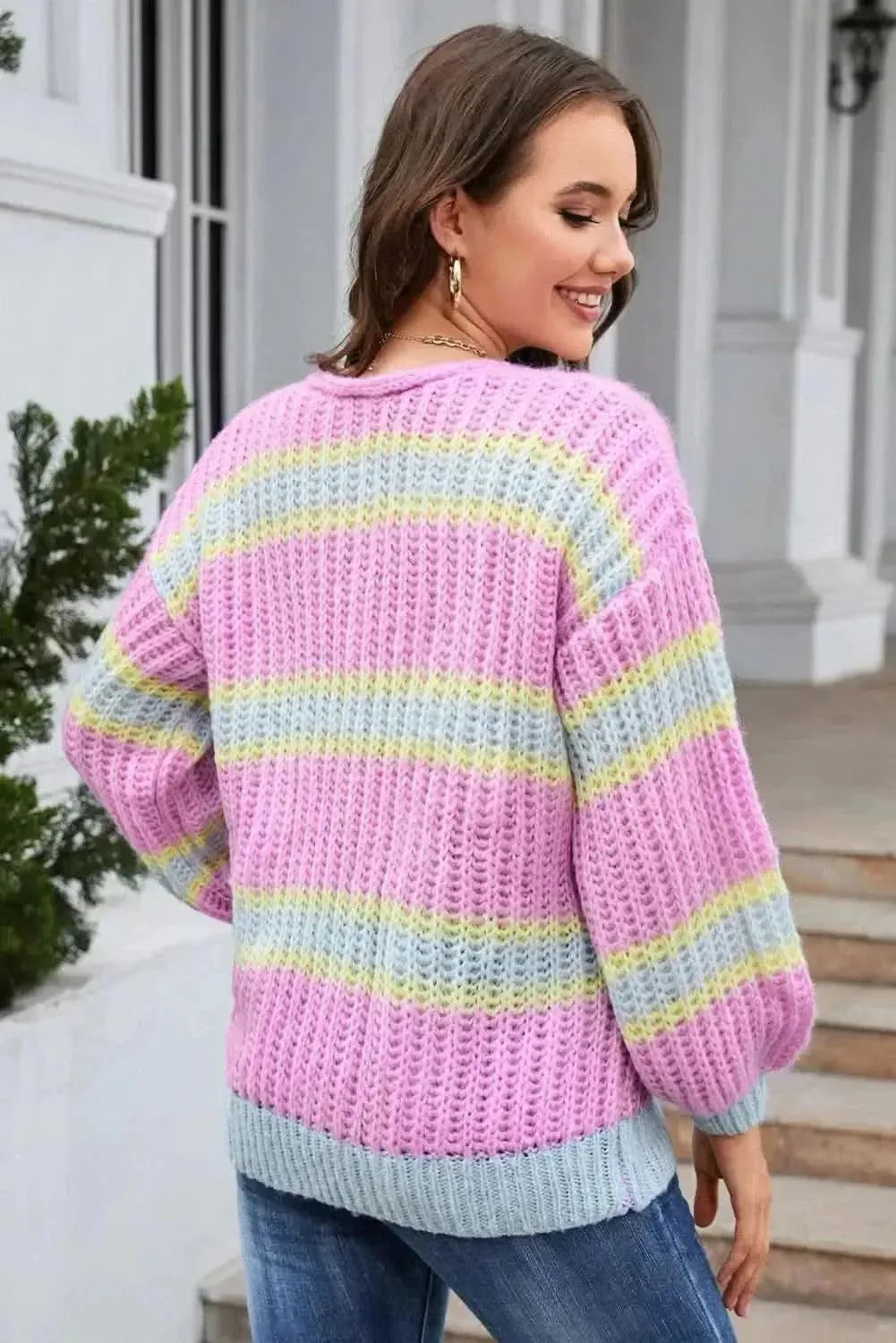 Striped Lantern Sleeve Dropped Shoulder Cardigan - Bad Moms Club
