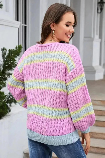 Striped Lantern Sleeve Dropped Shoulder Cardigan - Bad Moms Club