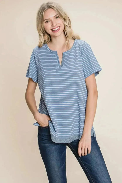 Cotton Bleu by Nu Lab Slit Striped Notched Short Sleeve T-Shirt - Bad Moms Club