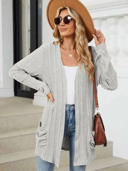 Pocketed Open Front Long Sleeve Cardigan - Bad Moms Club