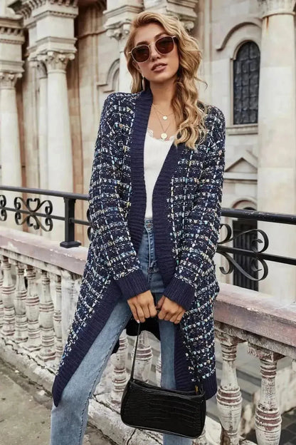 Multicolored Ribbed Trim Open Front Cardigan with Pockets - Bad Moms Club