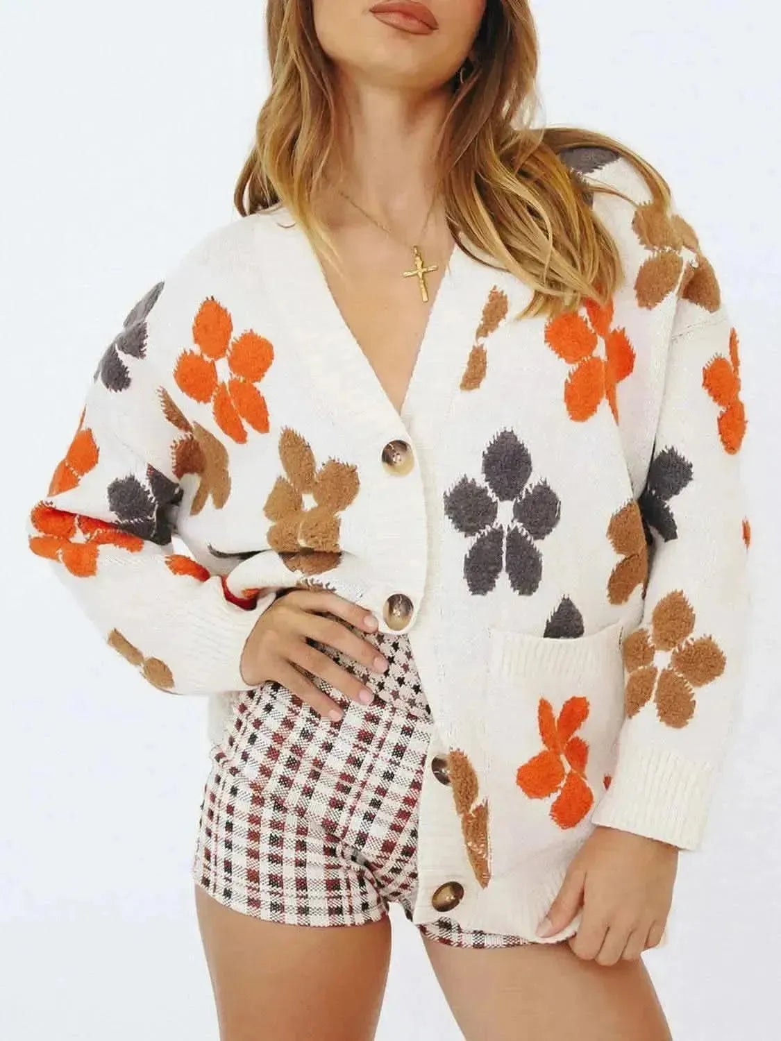 Floral V-Neck Button Up Long Sleeve Cardigan - Bad Moms Club