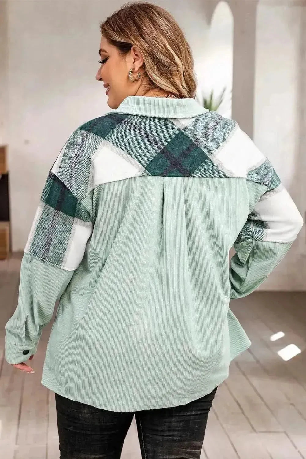 Plus Size Plaid Snap Down Jacket with Pockets - Bad Moms Club