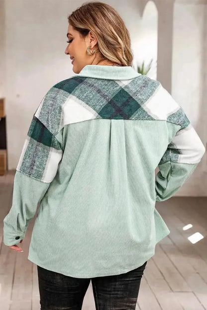 Plus Size Plaid Snap Down Jacket with Pockets - Bad Moms Club