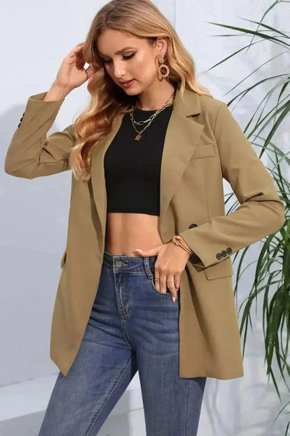 Lapel Neck Long Sleeve Blazer with Pockets - Bad Moms Club