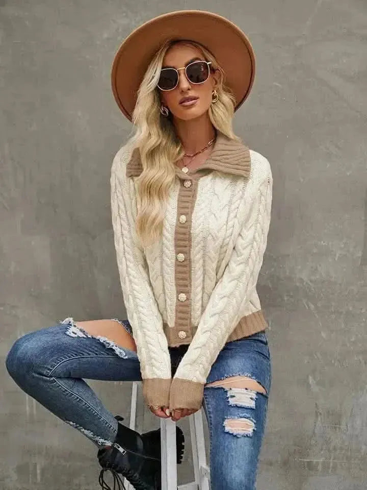 Collared Neck Long Sleeve Cardigan - Bad Moms Club