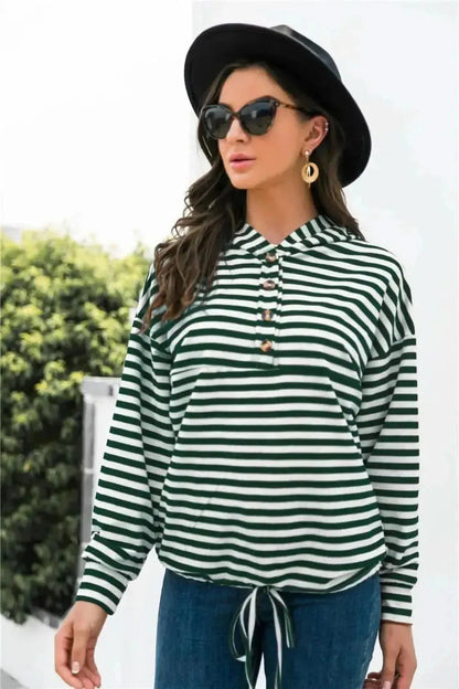 Striped Half-Button Dropped Shoulder Hoodie - Bad Moms Club