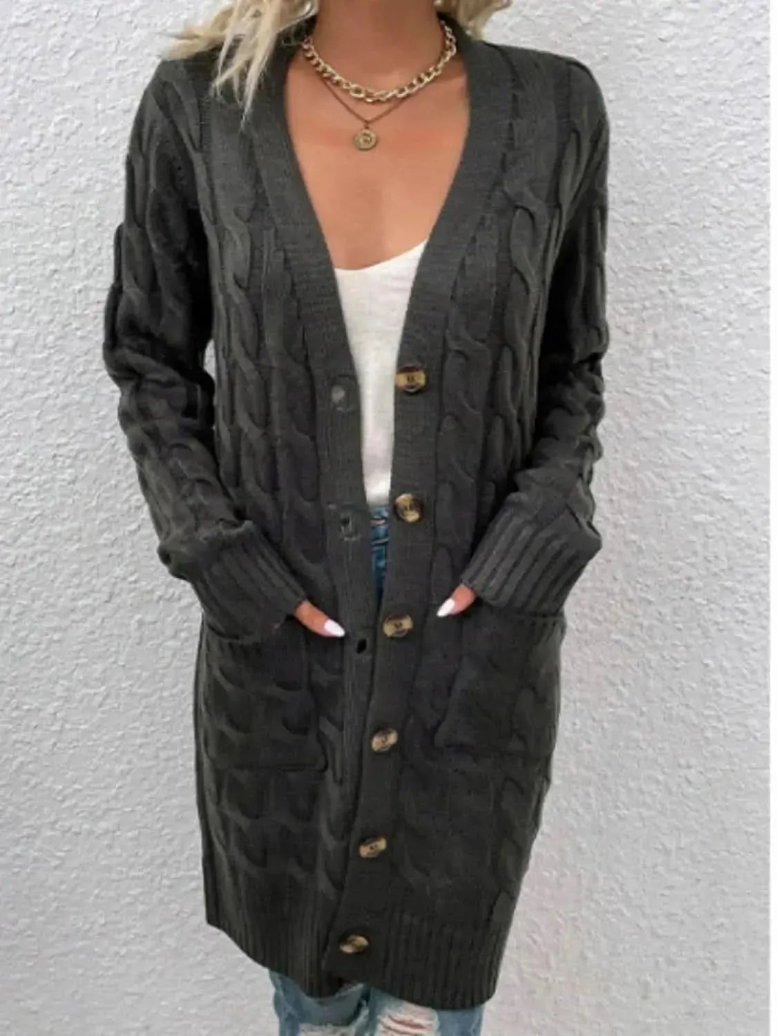 Cable-Knit Button Down Cardigan with Pockets - Bad Moms Club
