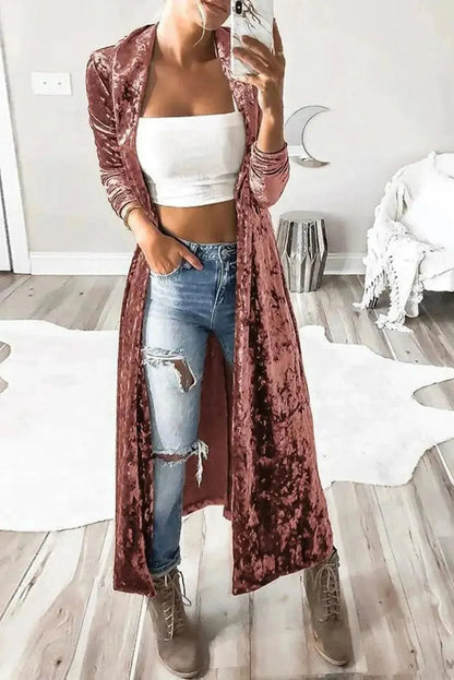 Open Front Long Sleeve Longline Velvet Cardigan - Bad Moms Club