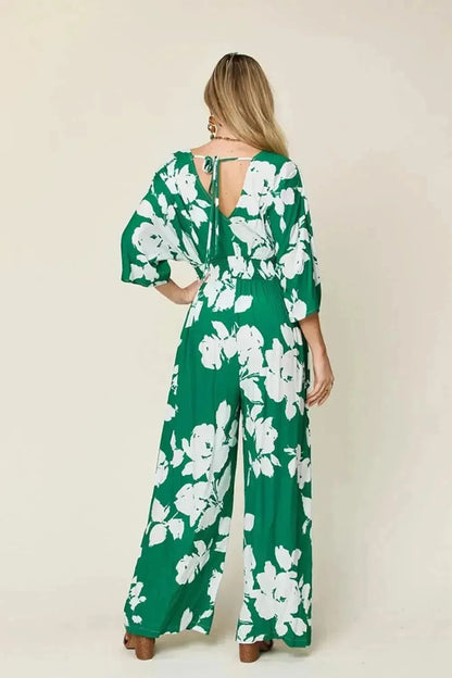 Double Take Full Size Printed Tie Back Wide Leg Jumpsuit - Bad Moms Club