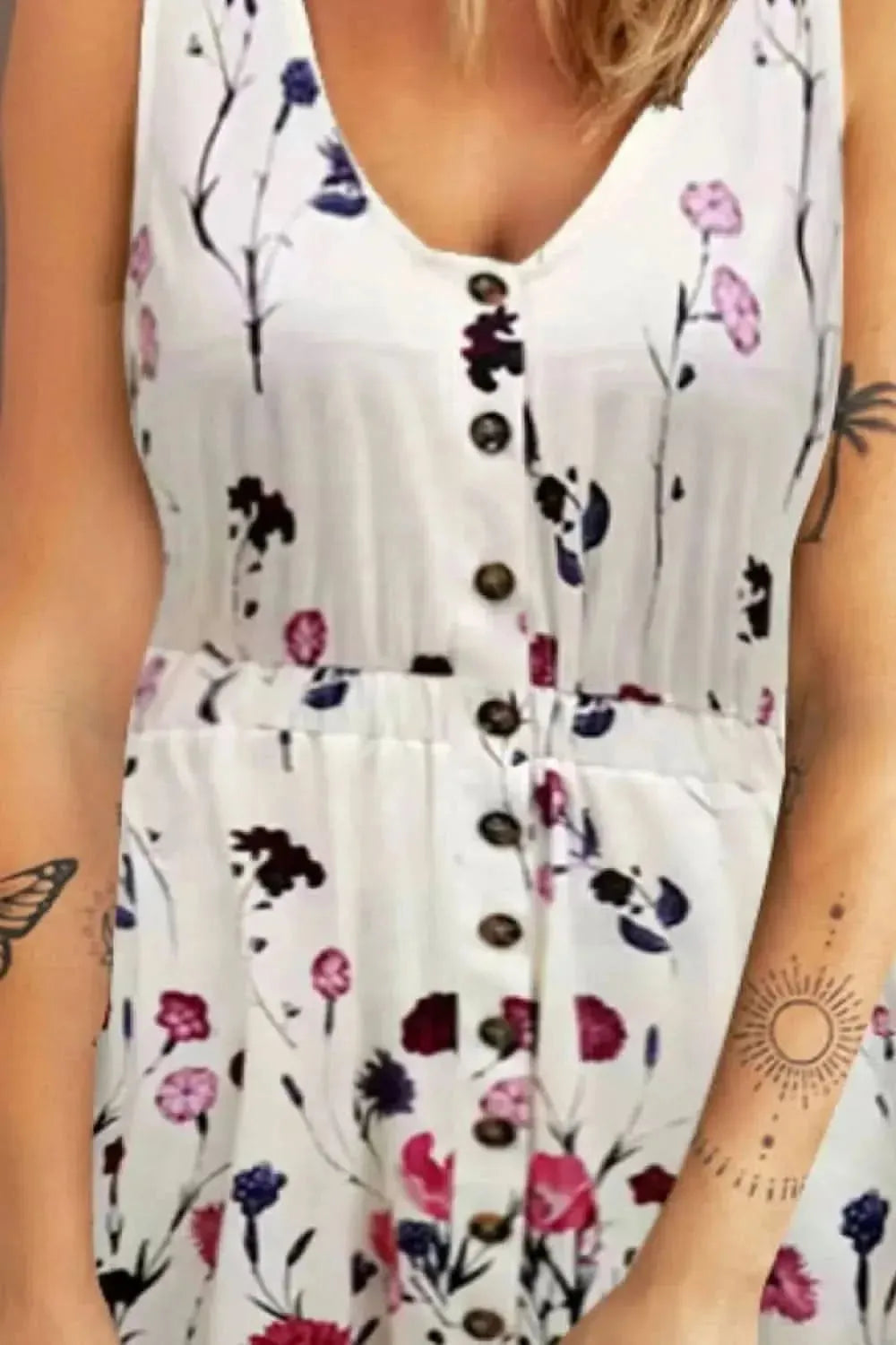 Double Take Scoop Neck Buttoned Sleeveless Magic Dress with Pockets - Bad Moms Club