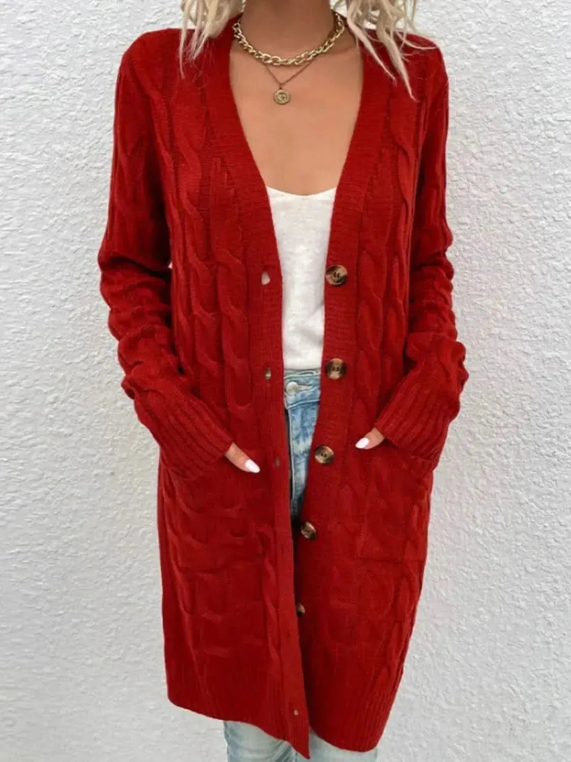 Cable-Knit Button Down Cardigan with Pockets - Bad Moms Club