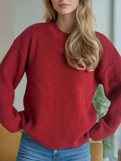 Solid Color Round Neck Long Sleeve Sweater - Bad Moms Club
