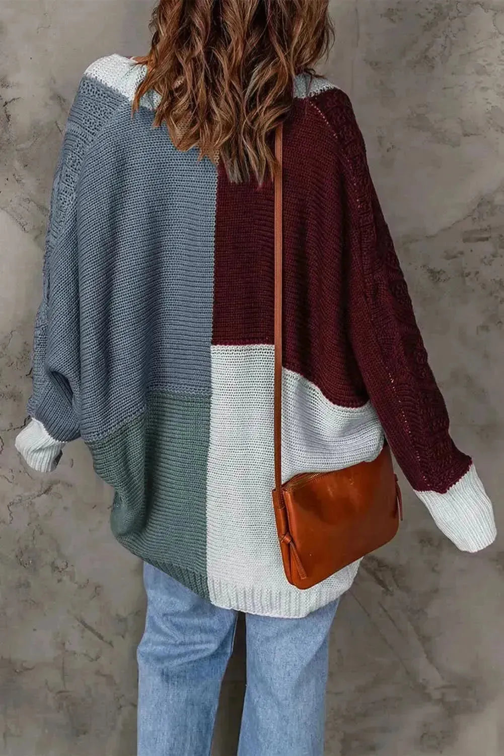 Woven Right Color Block Cable-Knit Batwing Sleeve Cardigan - Bad Moms Club