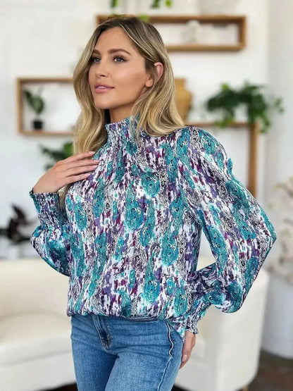 Double Take Full Size Printed Smocked Long Sleeve Blouse - Bad Moms Club