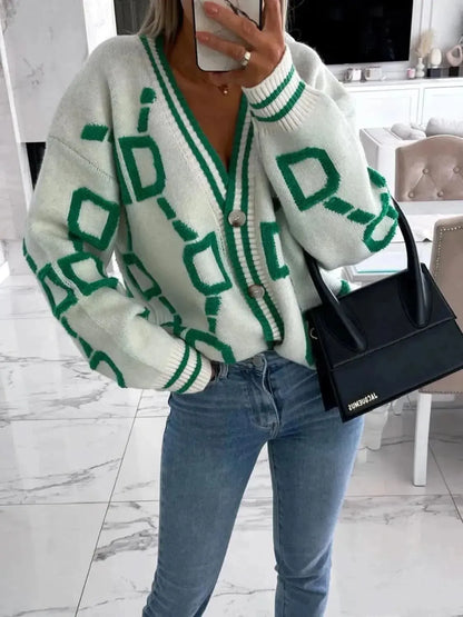 Geometric Dropped Shoulder Button Down Cardigan - Bad Moms Club