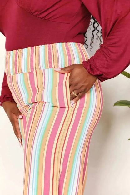 Double Take Striped Smocked Waist Pants with Pockets - Bad Moms Club