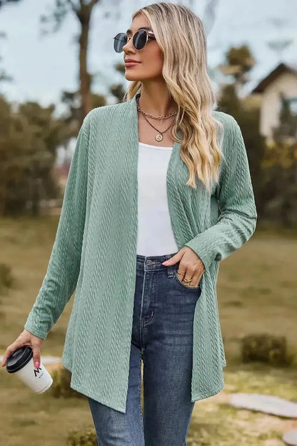 Textured Open Front Long Sleeve Cardigan - Bad Moms Club