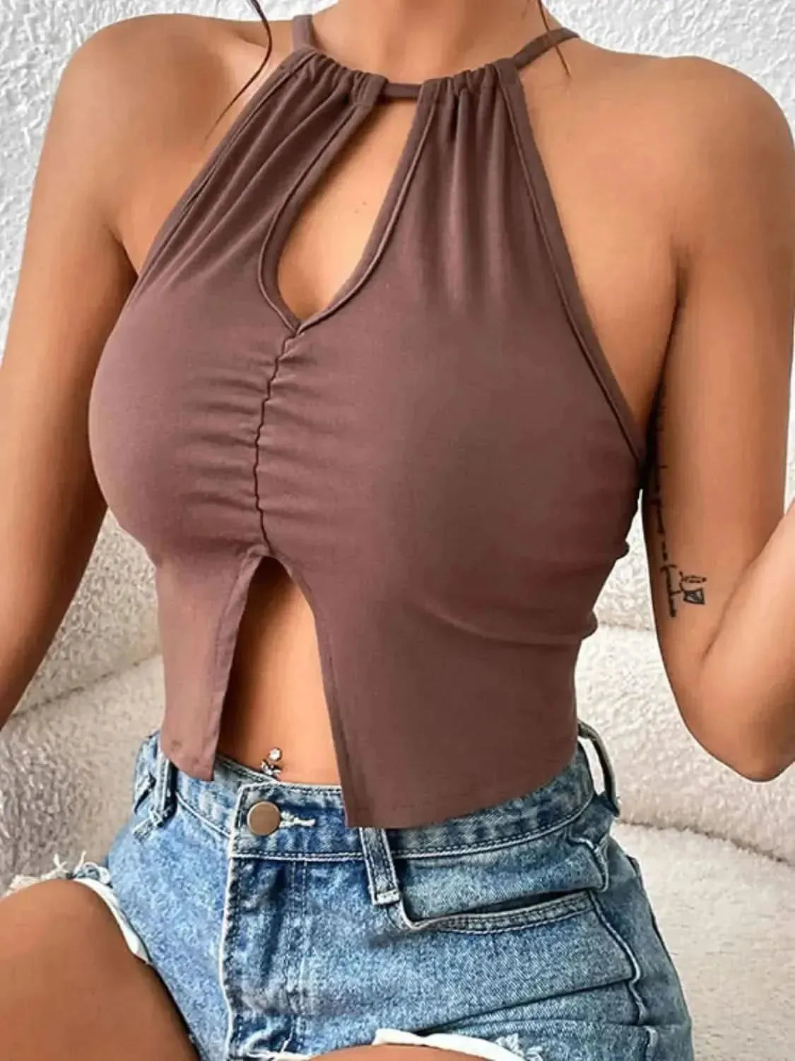 Perfee Crisscross Tie Back Slit Sleeveless Top - Bad Moms Club