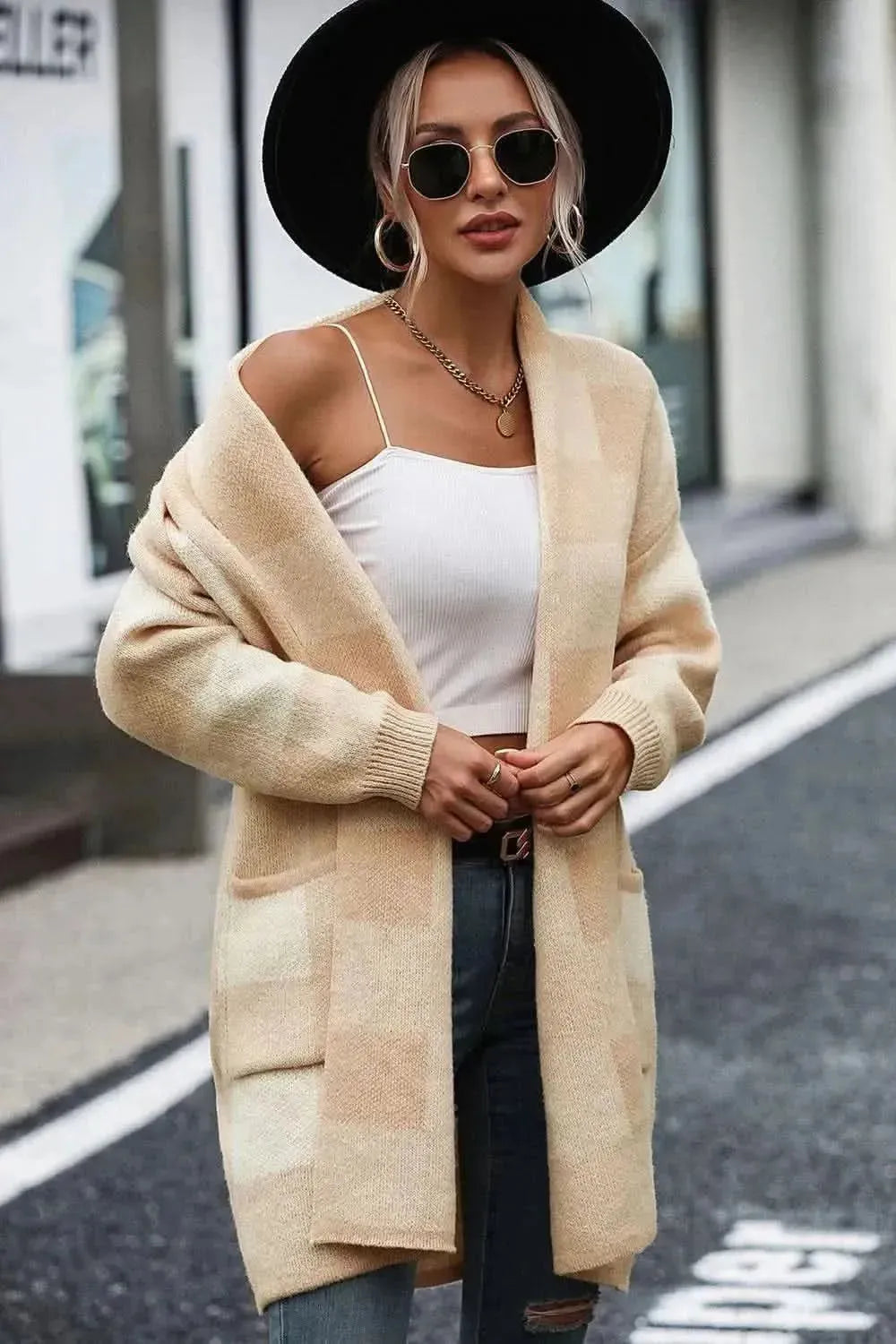 Plaid Dropped Shoulder Cardigan with Pocket - Bad Moms Club