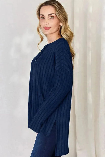 Basic Bae Full Size Ribbed Half Button Long Sleeve High-Low T-Shirt - Bad Moms Club