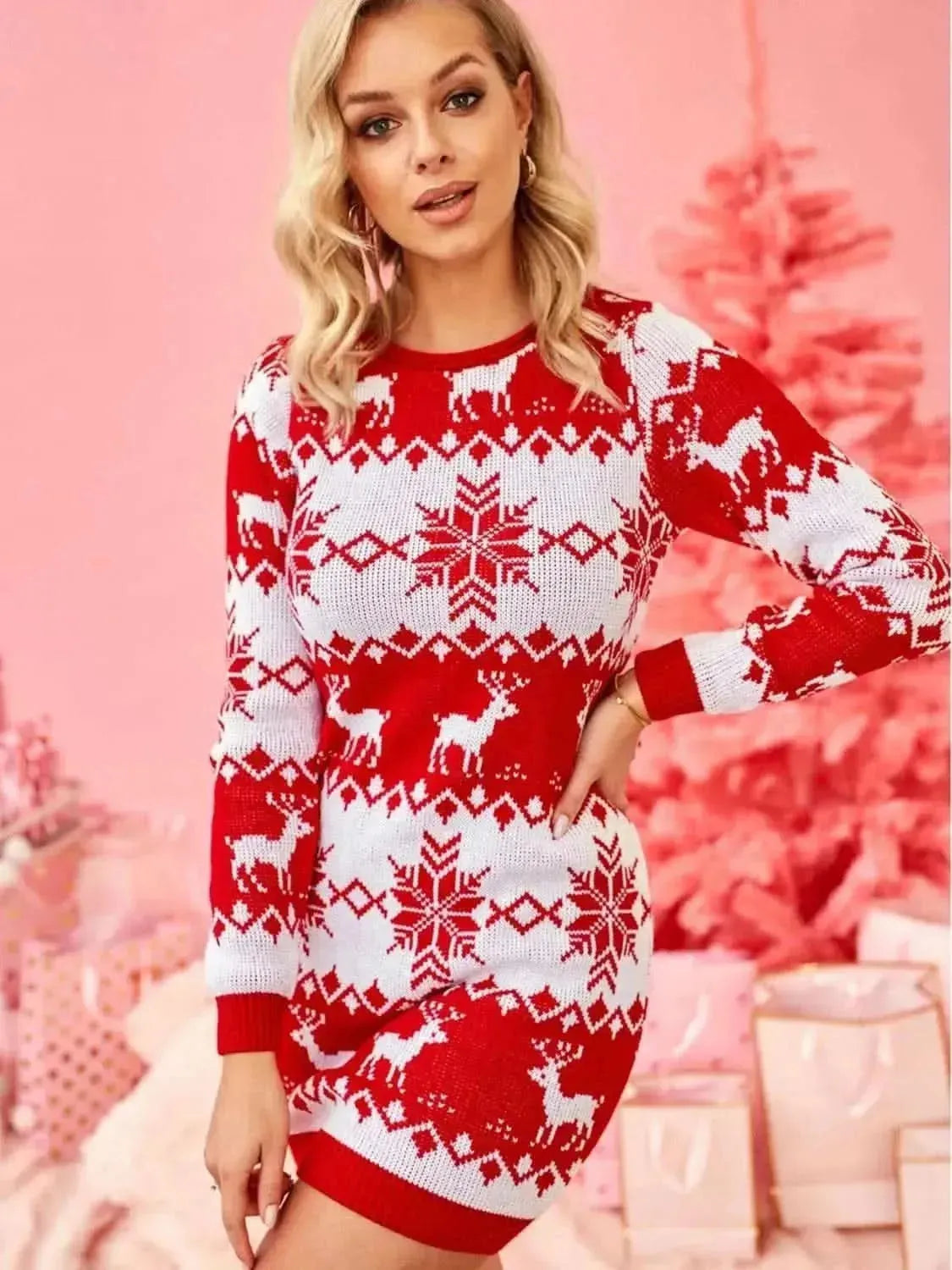 Reindeer & Snowflake Round Neck Sweater Dress - Bad Moms Club