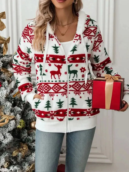 Drawstring Christmas Element Zip Up Hooded Jacket - Bad Moms Club