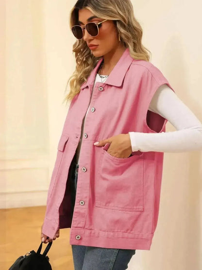 Pocketed Button Up Sleeveless Denim Jacket - Bad Moms Club