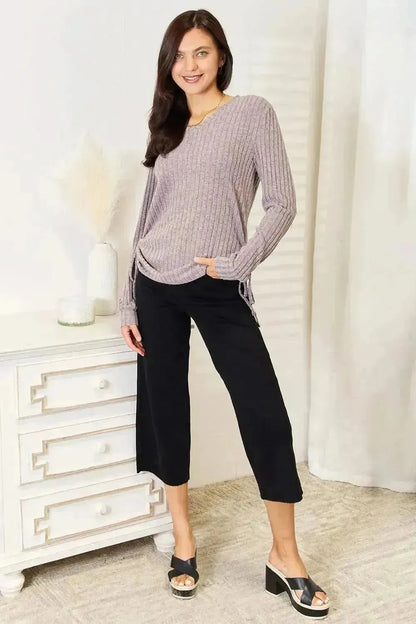 Double Take Drawstring Ribbed Long Sleeve T-Shirt - Bad Moms Club