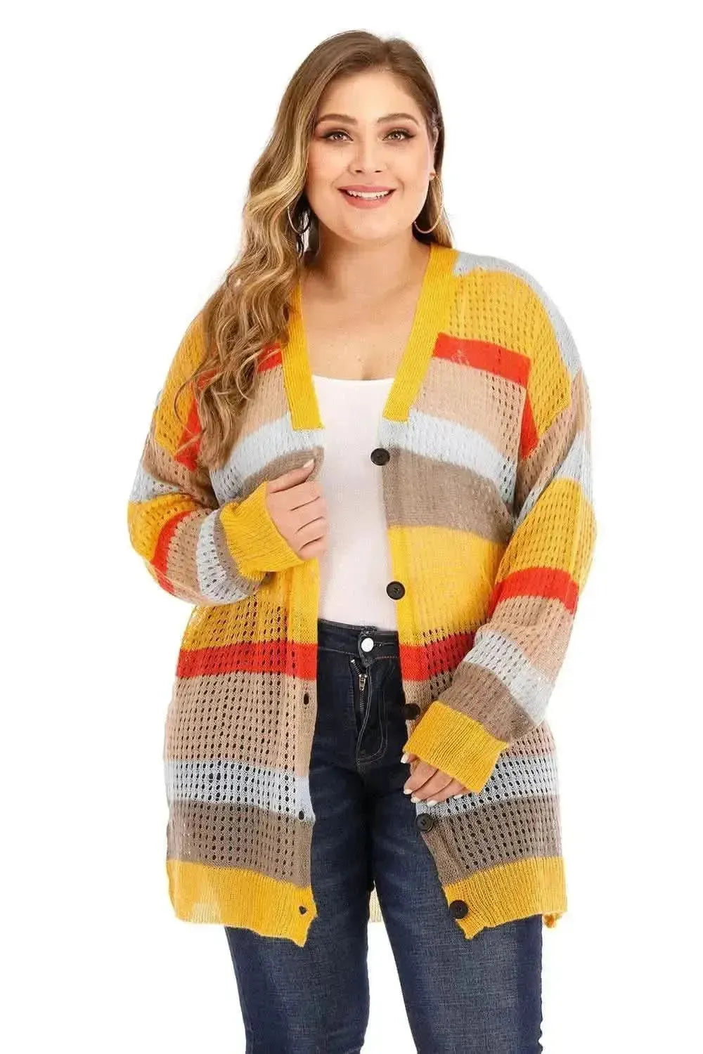 Plus Openwork Color Block Button Up Cardigan - Bad Moms Club