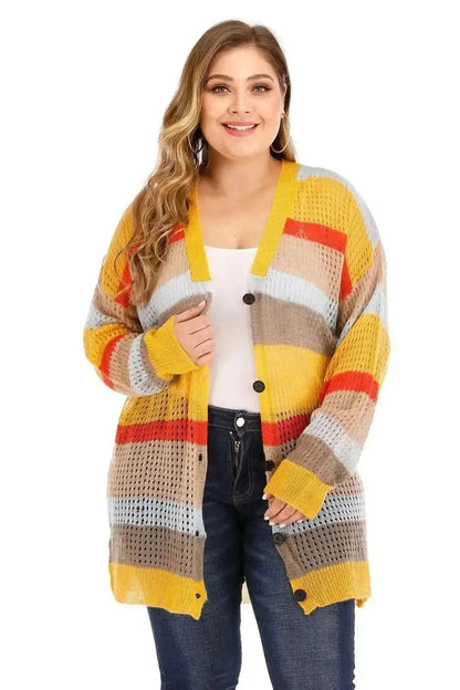 Plus Openwork Color Block Button Up Cardigan - Bad Moms Club