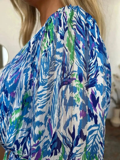 Double Take Full Size Printed Drawstring Waist Long Sleeve Dress - Bad Moms Club