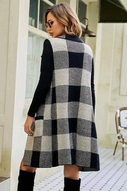 Plaid Open Front Sleeveless Cardigan with Pockets - Bad Moms Club