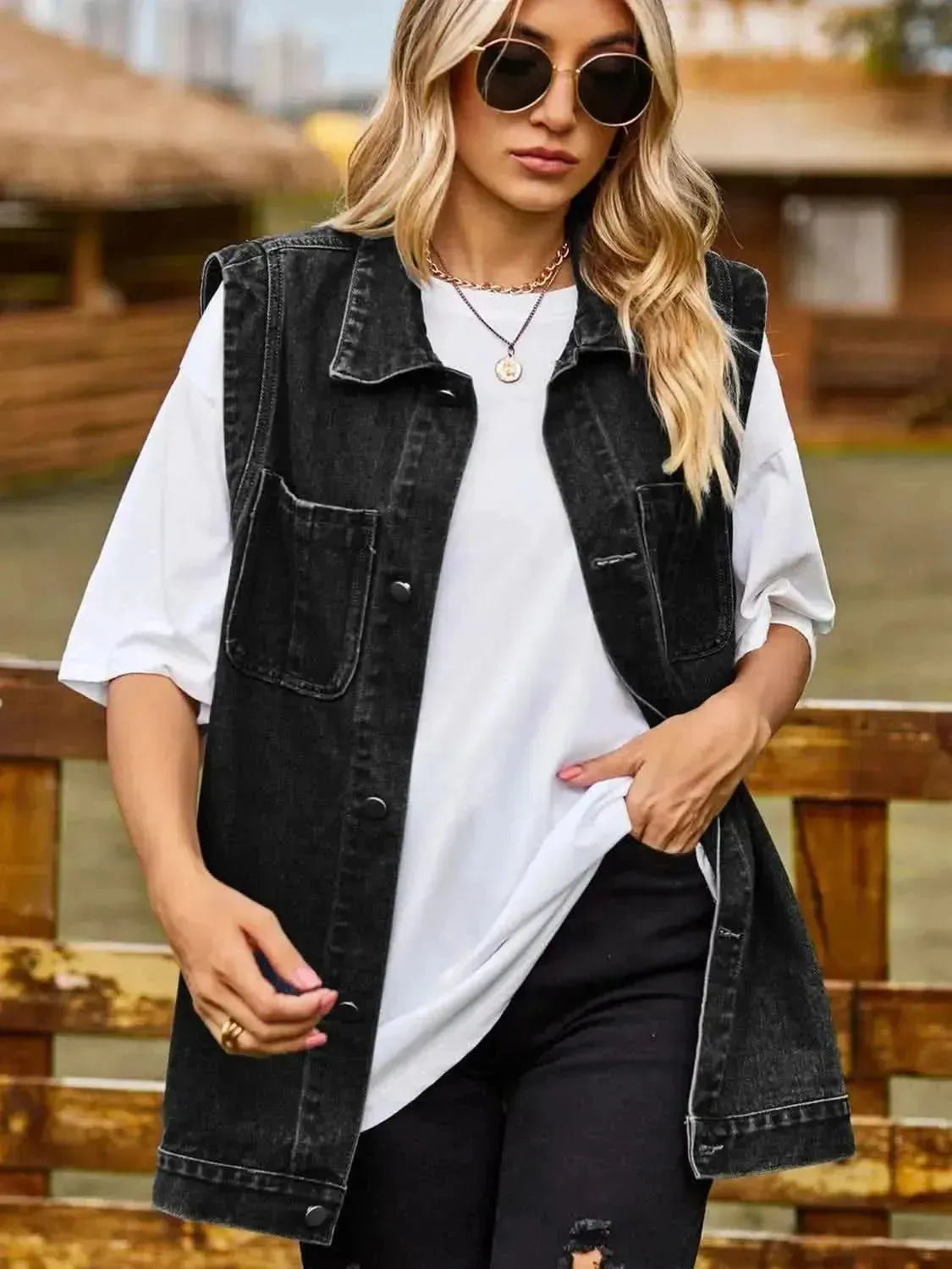 Button Down Denim Vest - Bad Moms Club