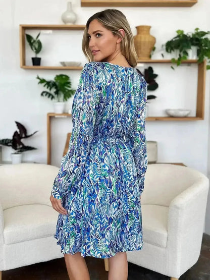 Double Take Full Size Printed Drawstring Waist Long Sleeve Dress - Bad Moms Club
