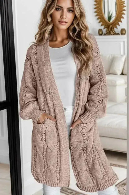 Cable-Knit Dropped Shoulder Slit Cardigan - Bad Moms Club