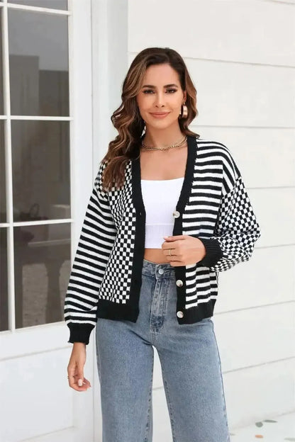 Button-Down Stripe & Plaid Contrast Pattern Cardigan - Bad Moms Club