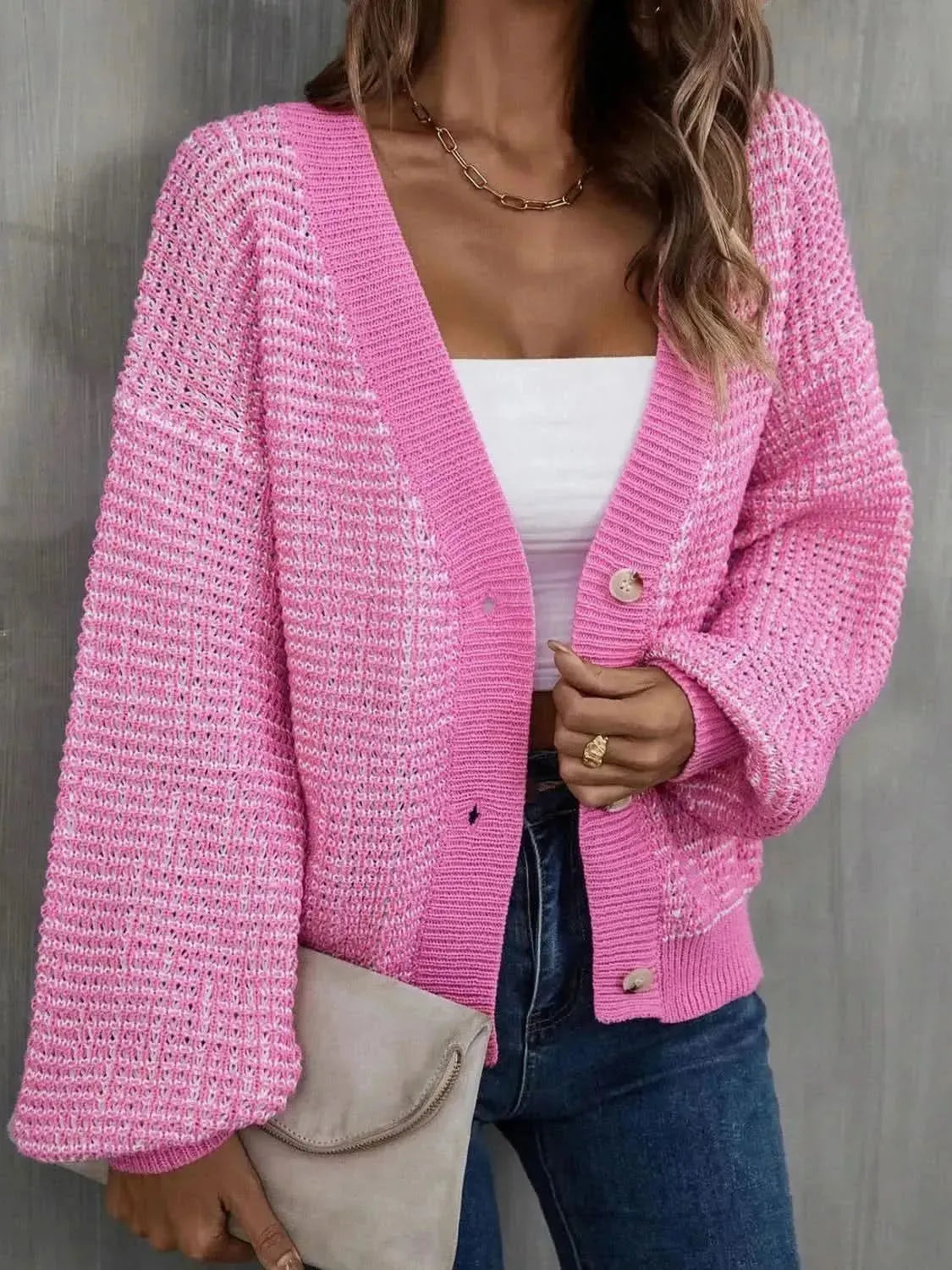 Heathered Lantern Sleeve Cardigan - Bad Moms Club