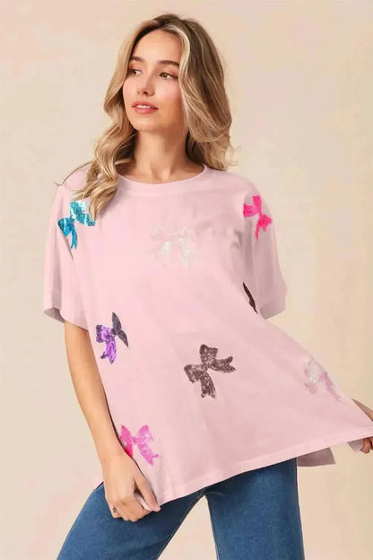 BiBi Sequin Bow Patch Short Sleeve T-Shirt - Bad Moms Club