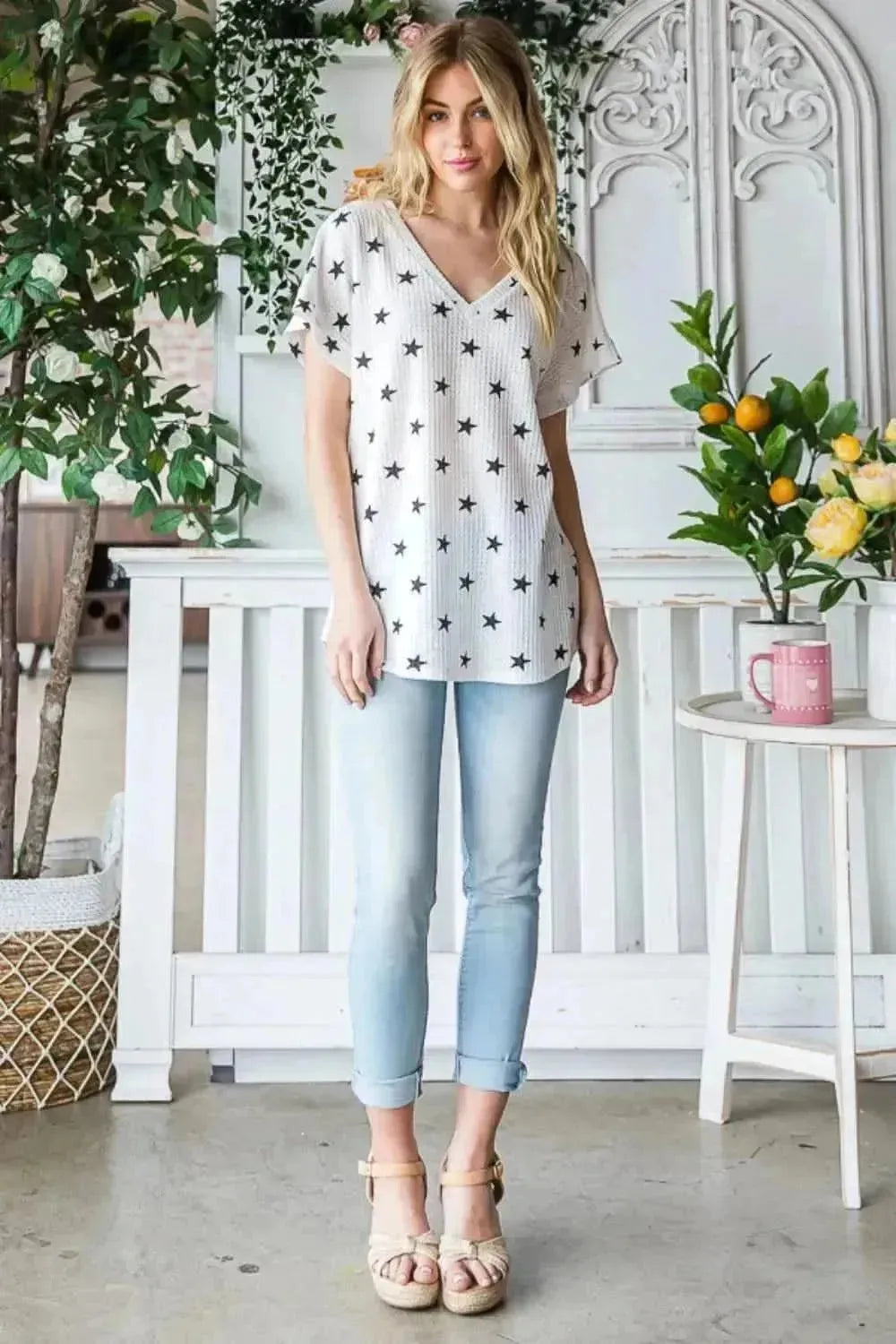 Heimish Full Size Star Print Short Sleeve V-Neck Waffle Knit T-Shirt - Bad Moms Club