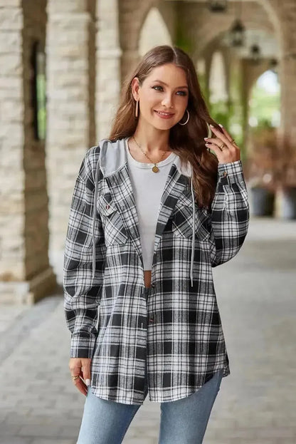 Plaid Long Sleeve Hooded Jacket - Bad Moms Club