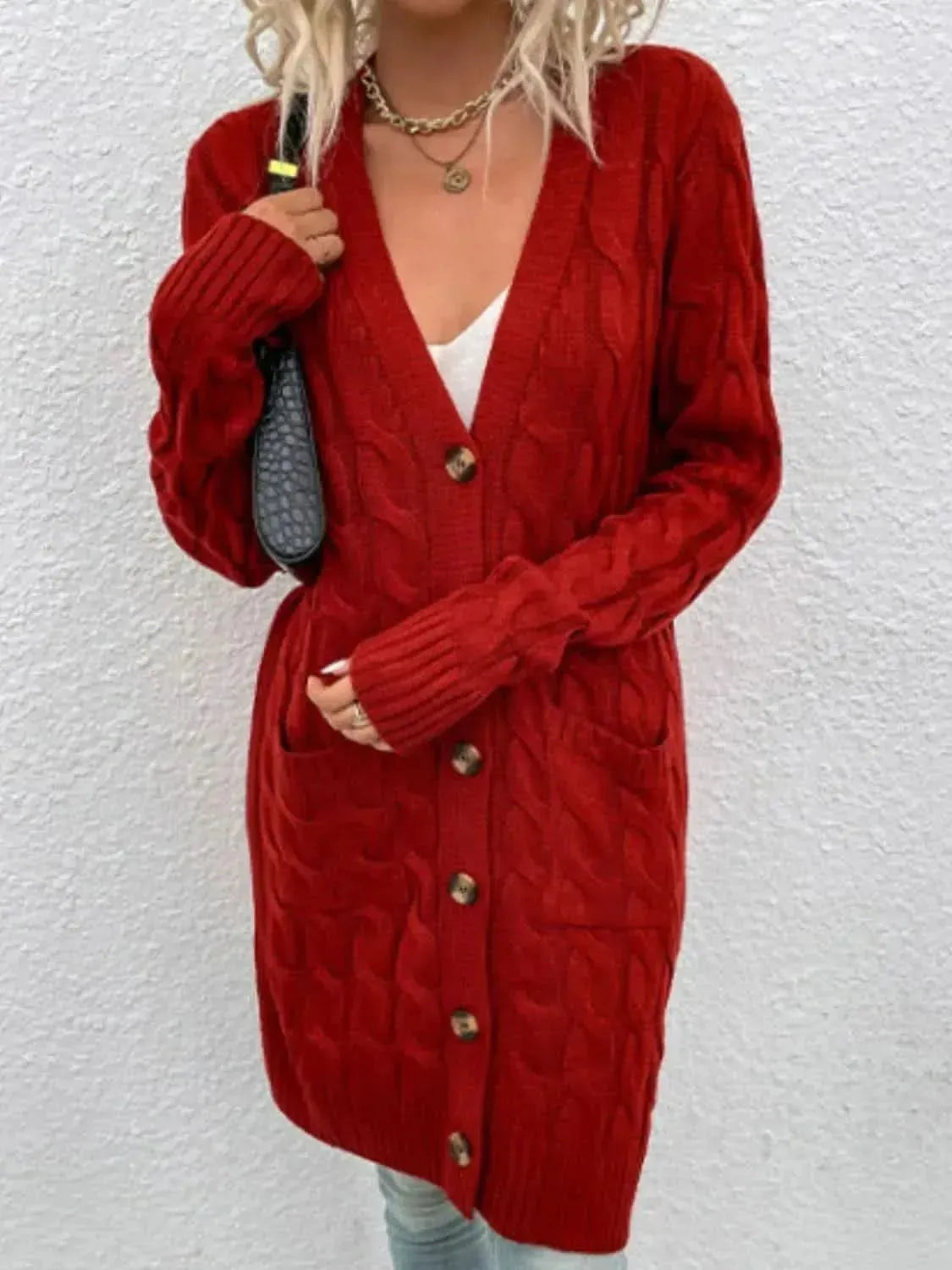Cable-Knit Button Down Cardigan with Pockets - Bad Moms Club