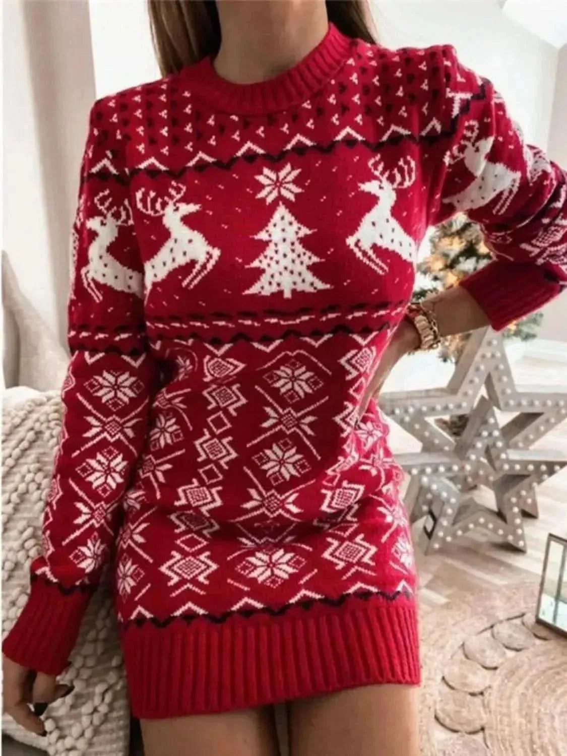 Reindeer & Snowflake Round Neck Sweater Dress - Bad Moms Club