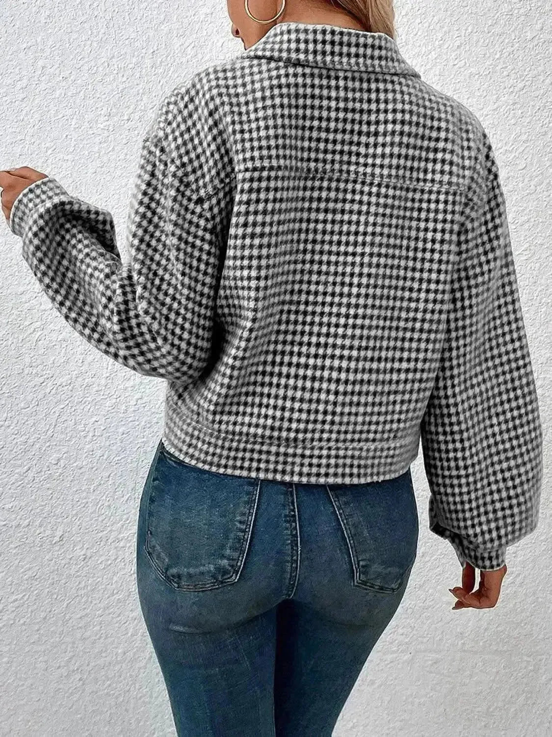 Houndstooth Collared Neck Button Up Jacket - Bad Moms Club
