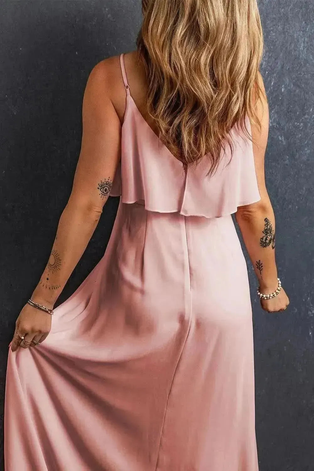 Slit Ruffled V-Neck Maxi Dress - Bad Moms Club